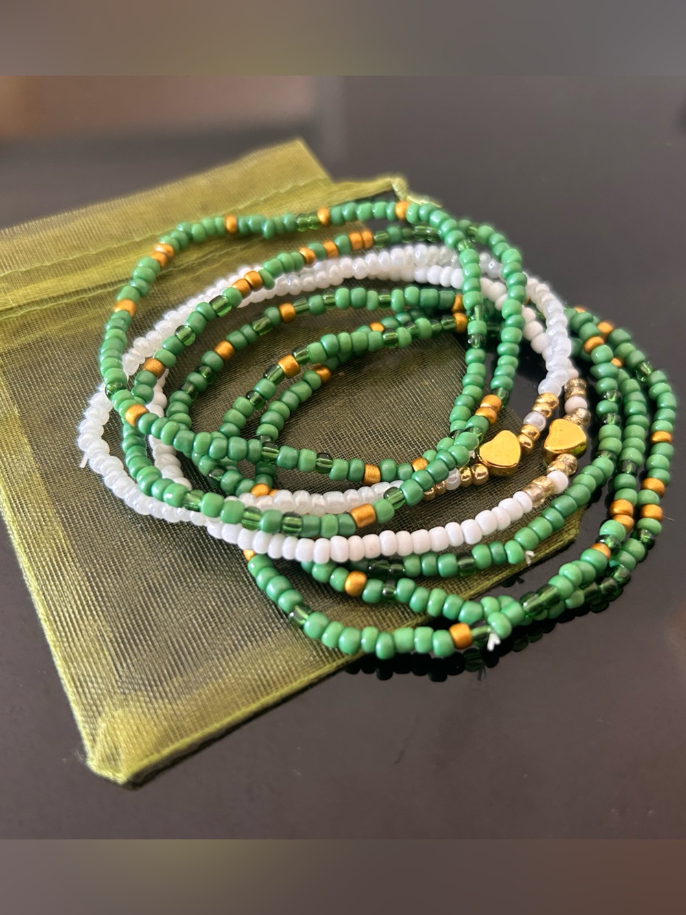 Green and White Seed Bead Stretch Bracelet Set with Gold Accents